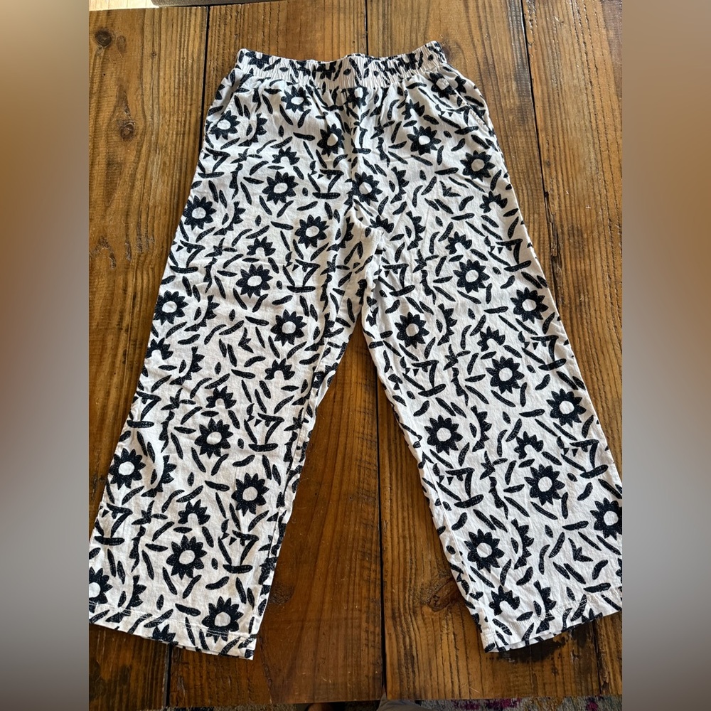 Christian Siriano NY Linen Blend Floral Wide Leg Pants Black White Size M